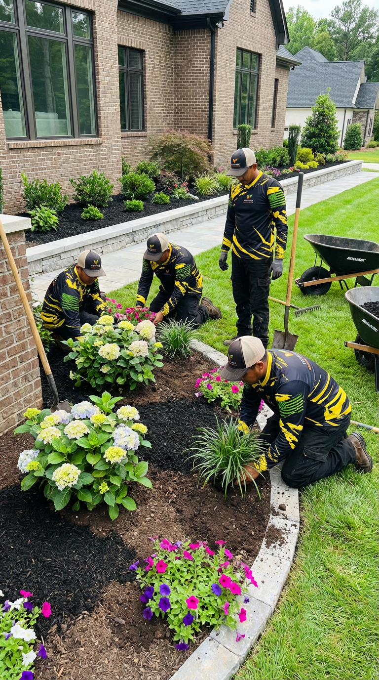 A man planting a small bush in a landscaped garden with flowers, shrubs, and concrete steps.