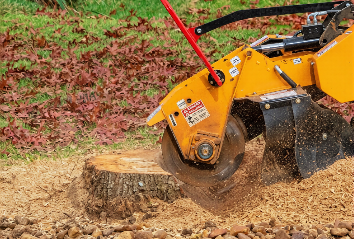 A yellow stump grinder cutting through a tree stump in a yard with fallen leaves and grass.