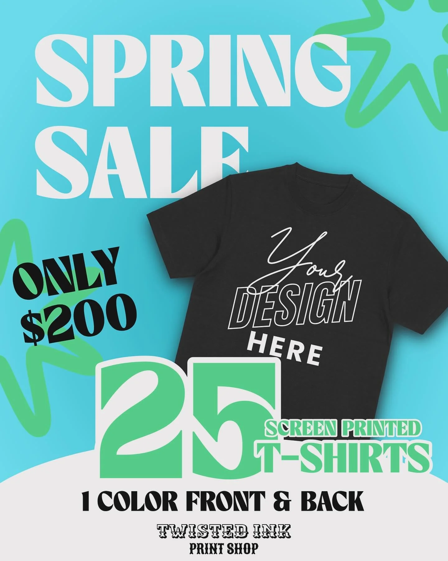 Spring Sale is HERE at Twisted Ink!
Fresh fits for the season at unbeatable prices:

1-Color Front &amp; Back Prints:
25 shirts &ndash; $200
50 shirts &ndash; $320
100 shirts &ndash; $550

Perfect for brands, businesses, teams &amp; creatives.
Qualit