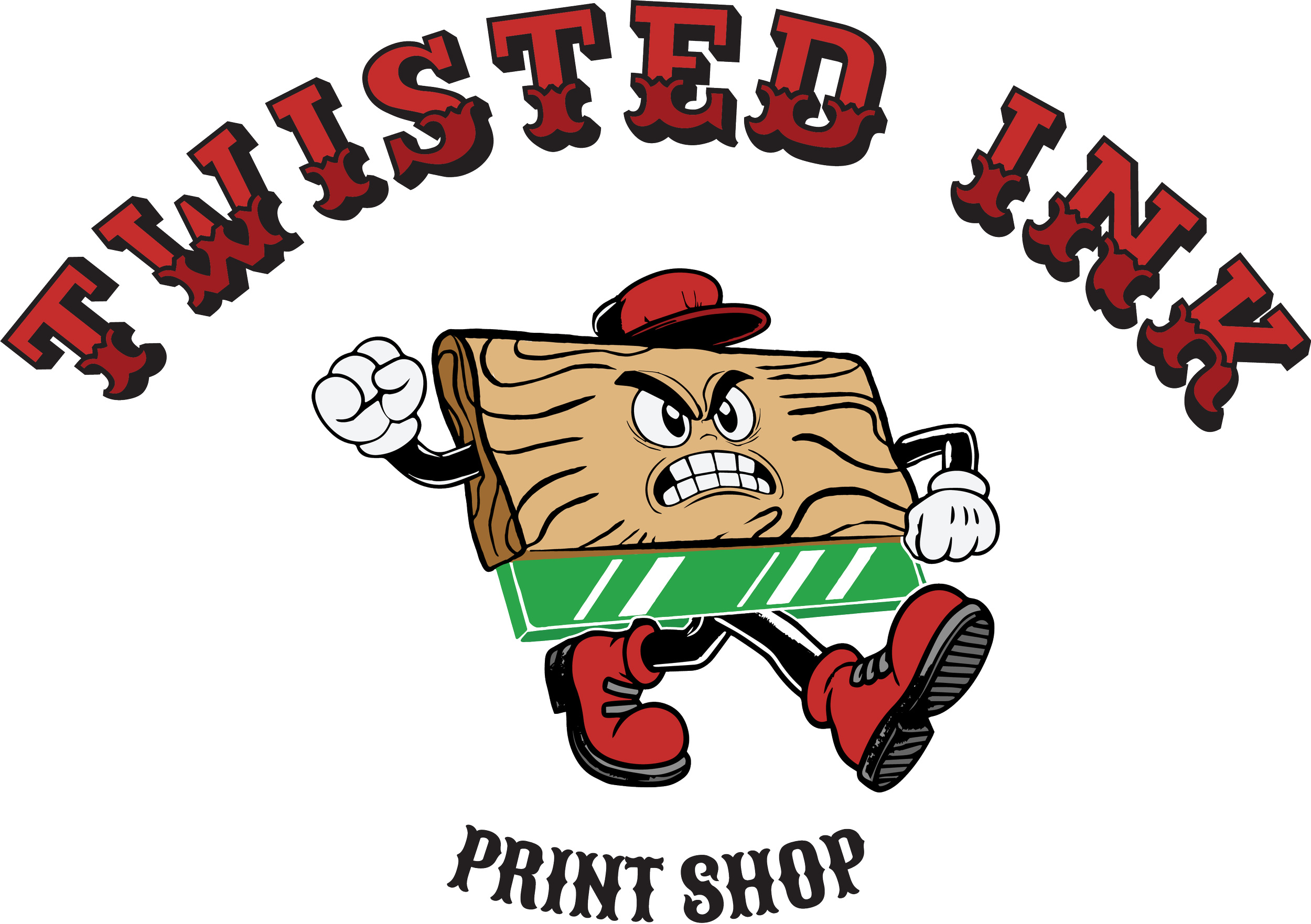 Logo for a print shop featuring an angry cartoon wooden plank character with arms and legs, wearing a red cap and boots, behind the text 'Twisted Ink Print Shop.'