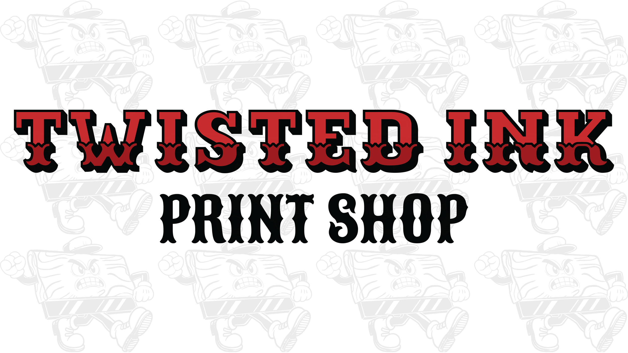 Logo for Twisted Ink Print Shop with stylized text displaying 'Twisted Ink' in red and black, and 'Print Shop' in black, with a background pattern of cartoonish ink bottles with angry faces.