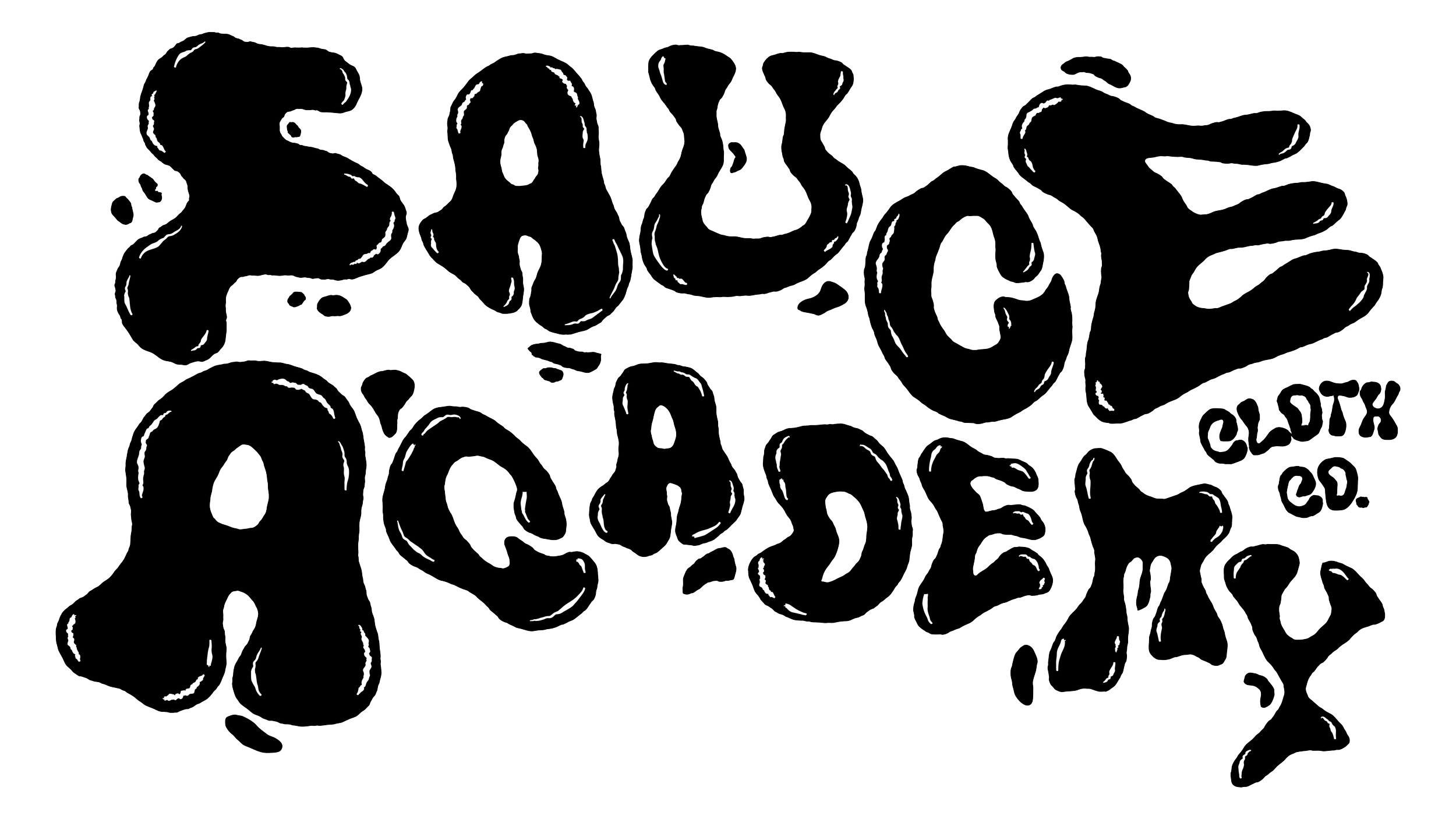 Outline-style text that reads 'Sauce Academy' with smaller text 'CLOTH CO.' to the right, all on a black background.