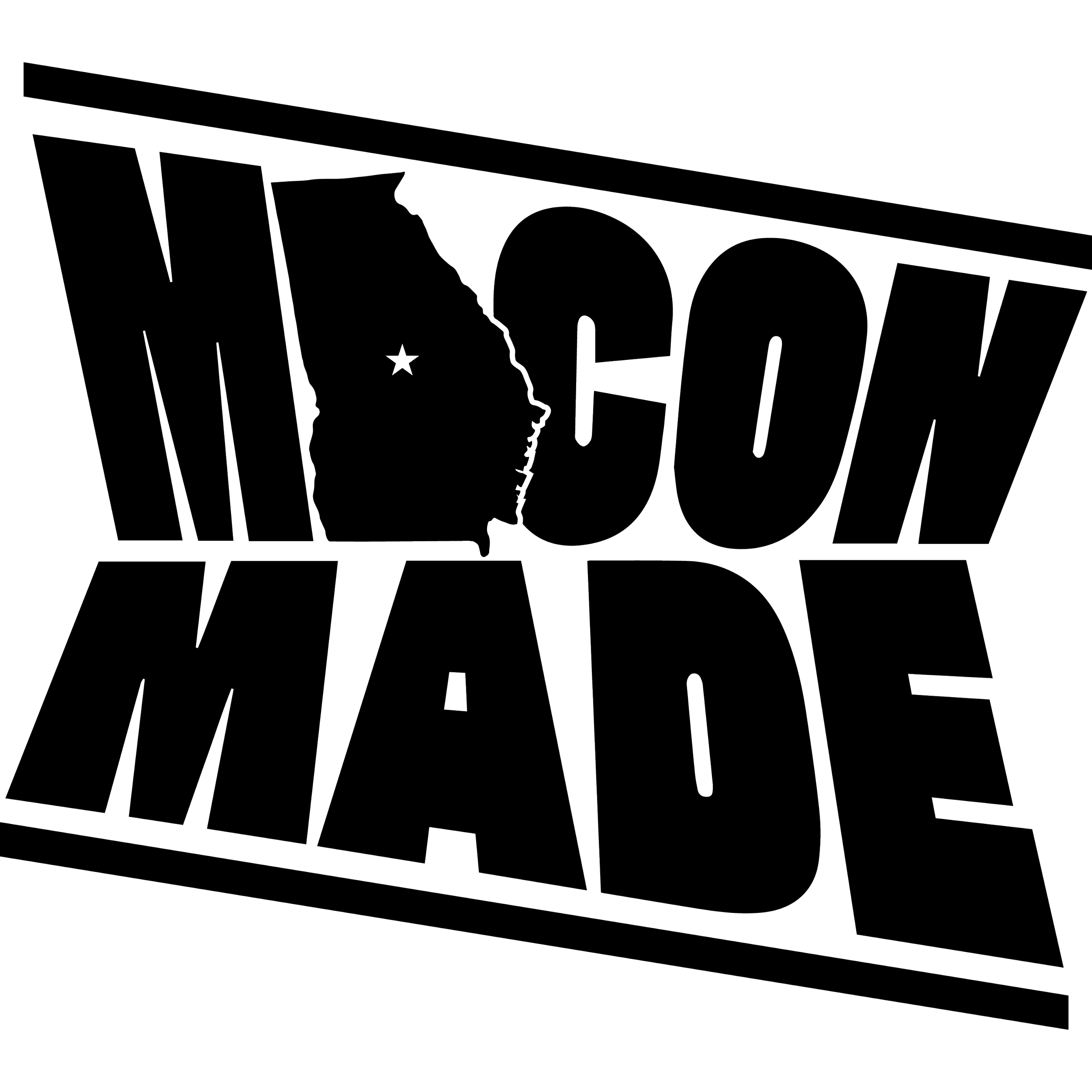 Outline of the Macon Made logo with the text separated by the outline of the state of Georgia and a star marking a location inside Georgia.