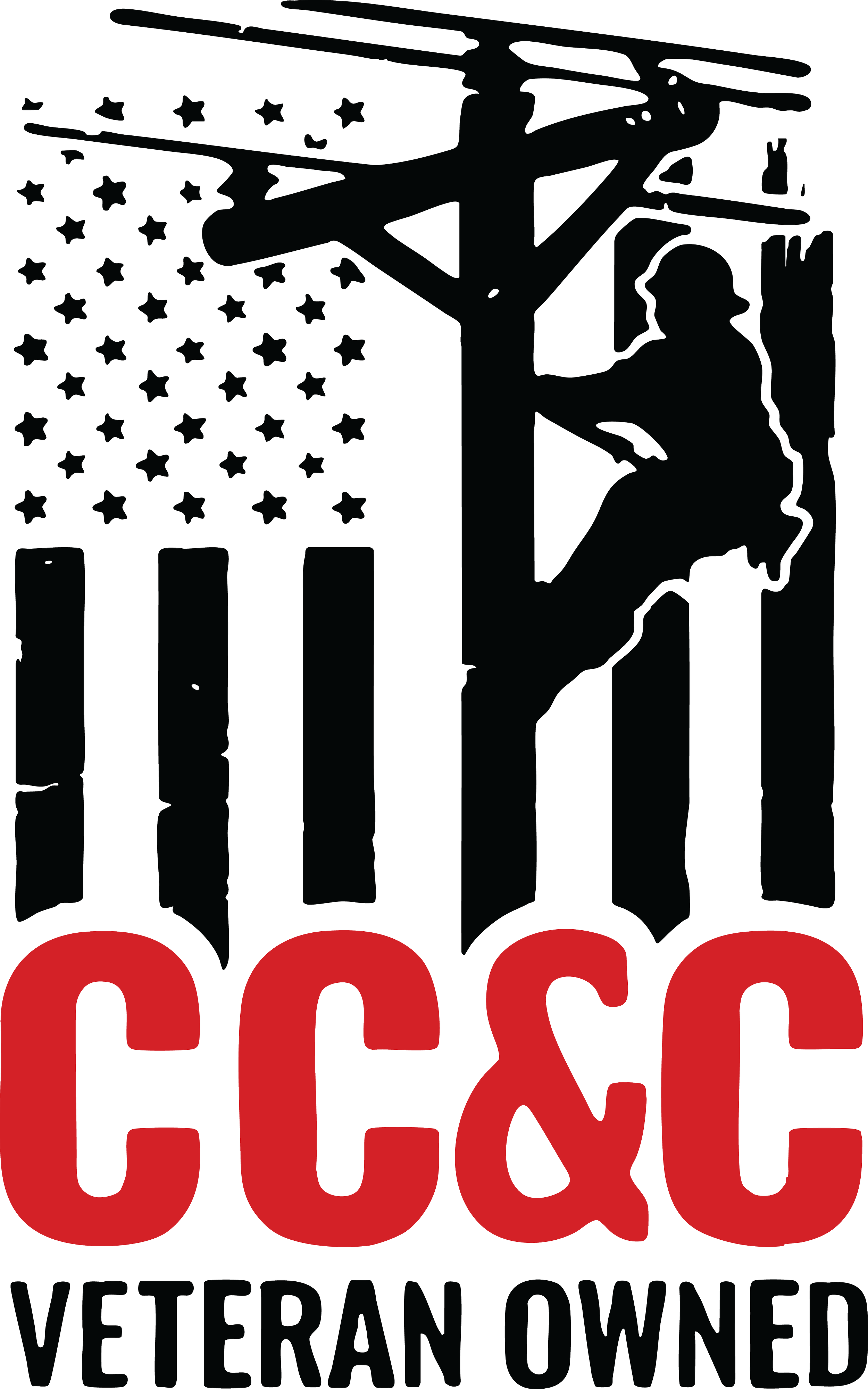 A stylized American flag with a silhouette of a military veteran wearing a cap and sitting on a barrel, along with the text 'CC&C VETERAN OWNED' in bold red and black letters.