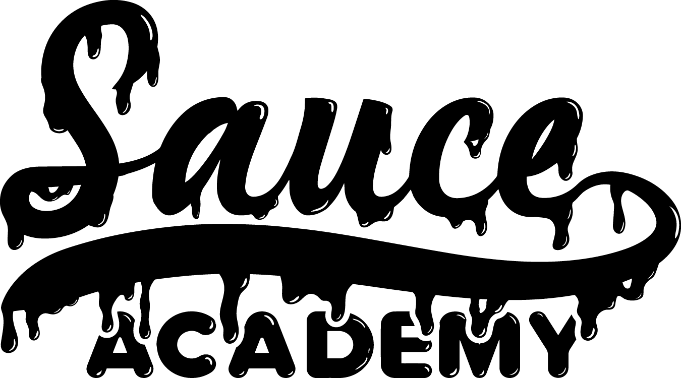 Black and white logo for Sauce Academy with the word "Sauce" in a drippy, liquid style font and "Academy" below in block letters.