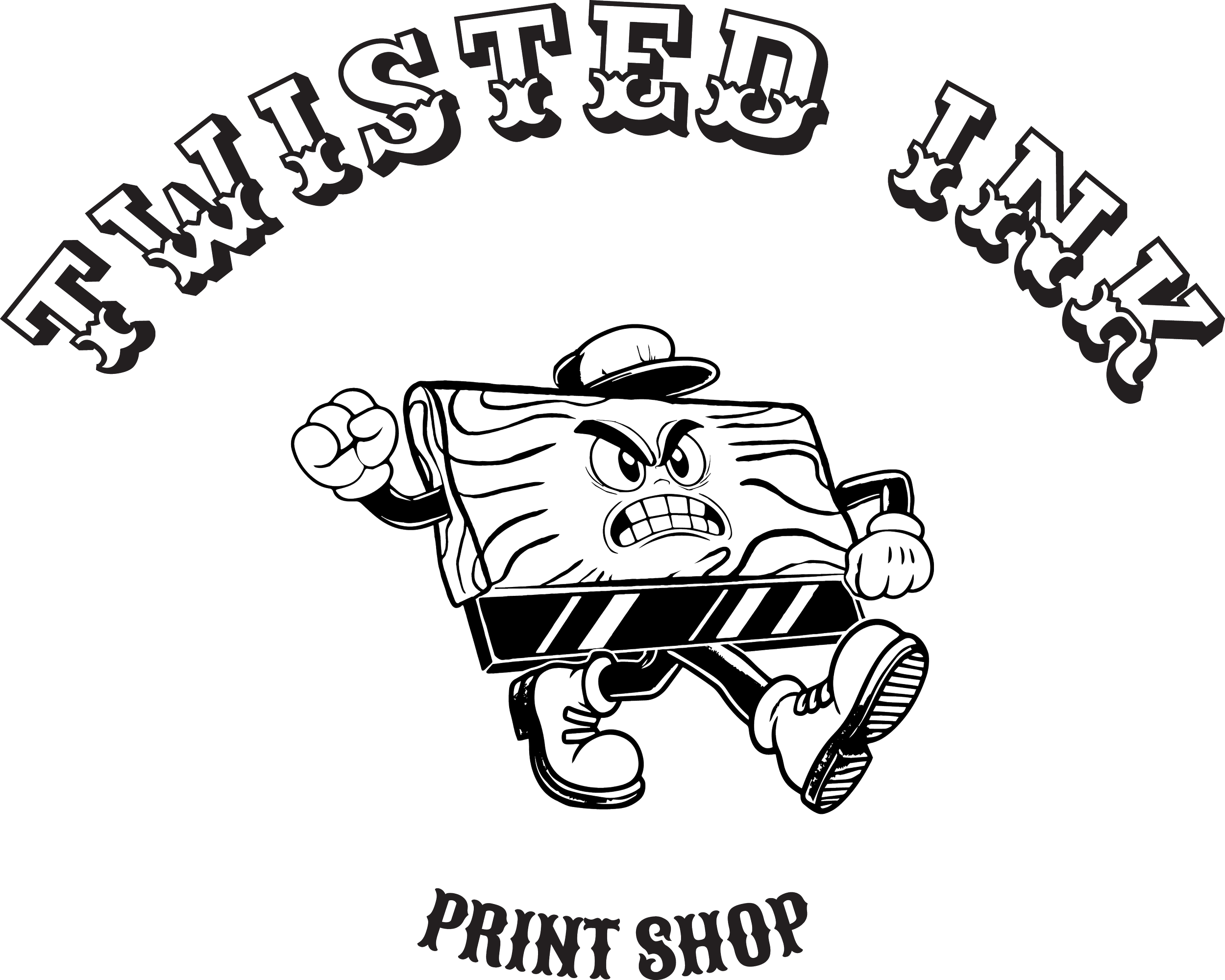 A line drawing of an angry action cartoon bill with arms and legs, wearing a cap, with the text "Twisted Ink PRINT SHOP" above and below.