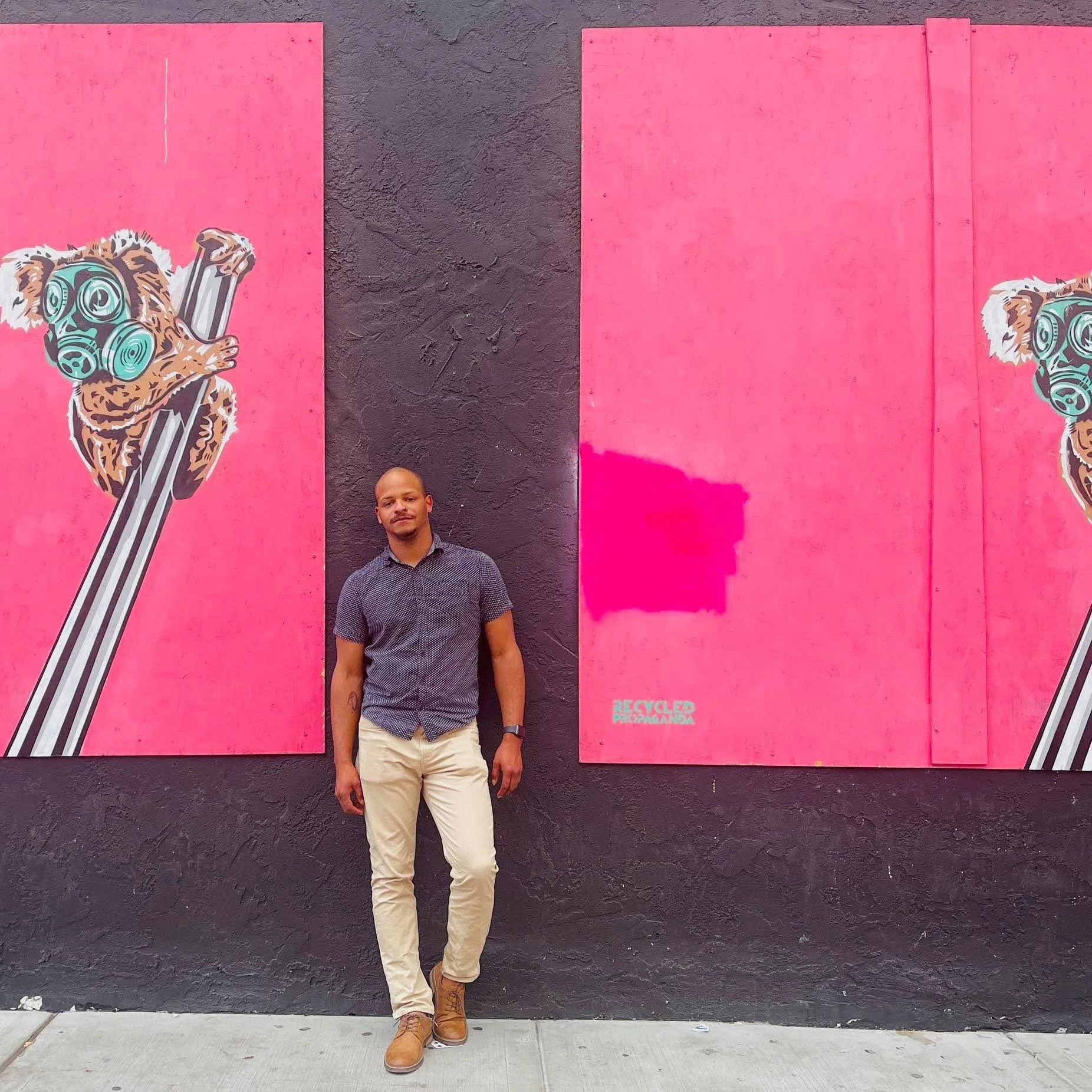 A man standing in front of a black wall with two large pink street art panels featuring a dog wearing goggles and holding a sword. One panel has a pink paint swatch and a small recycling message.
