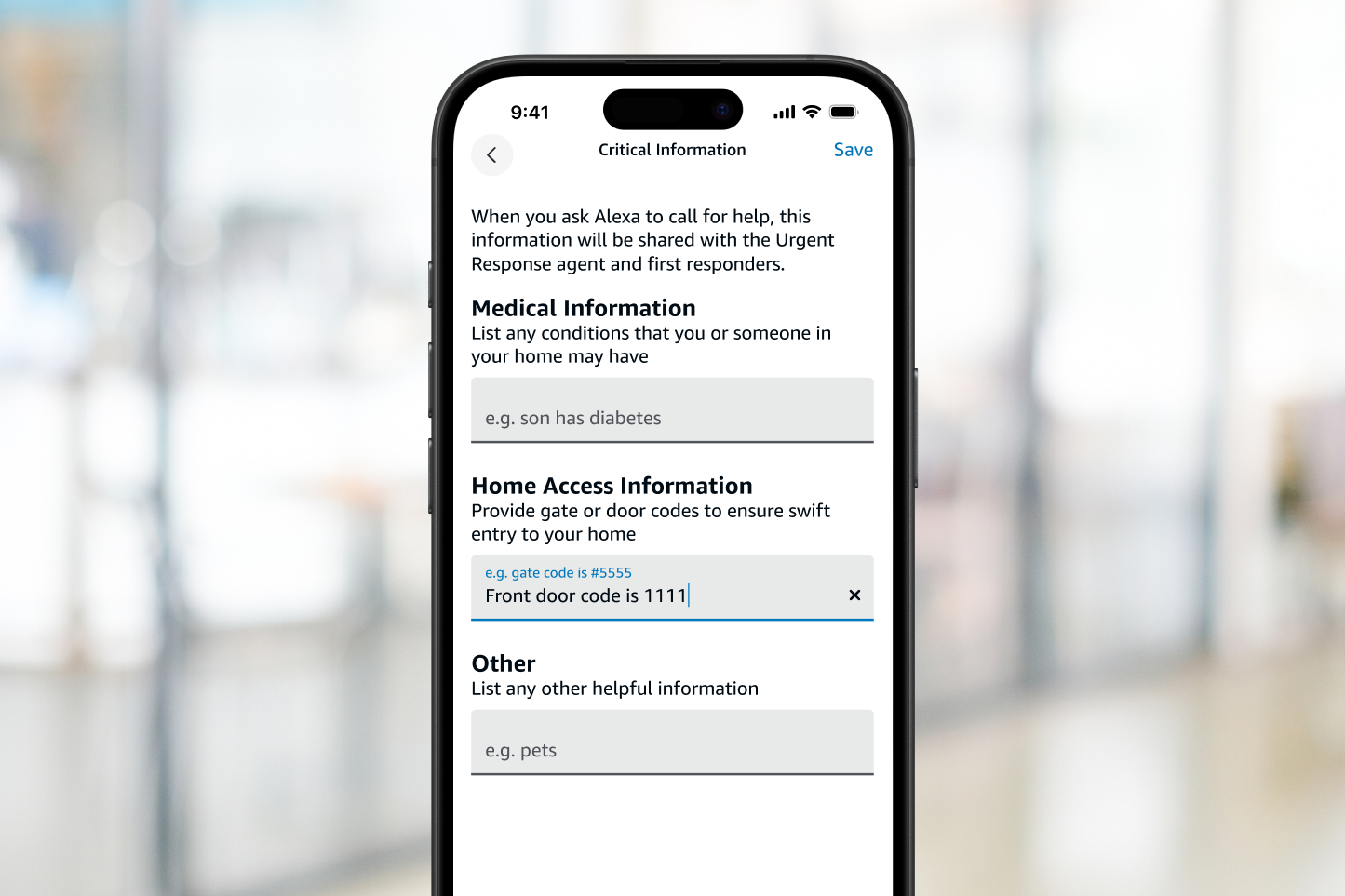 A phone displays various input fields where a user can add important information