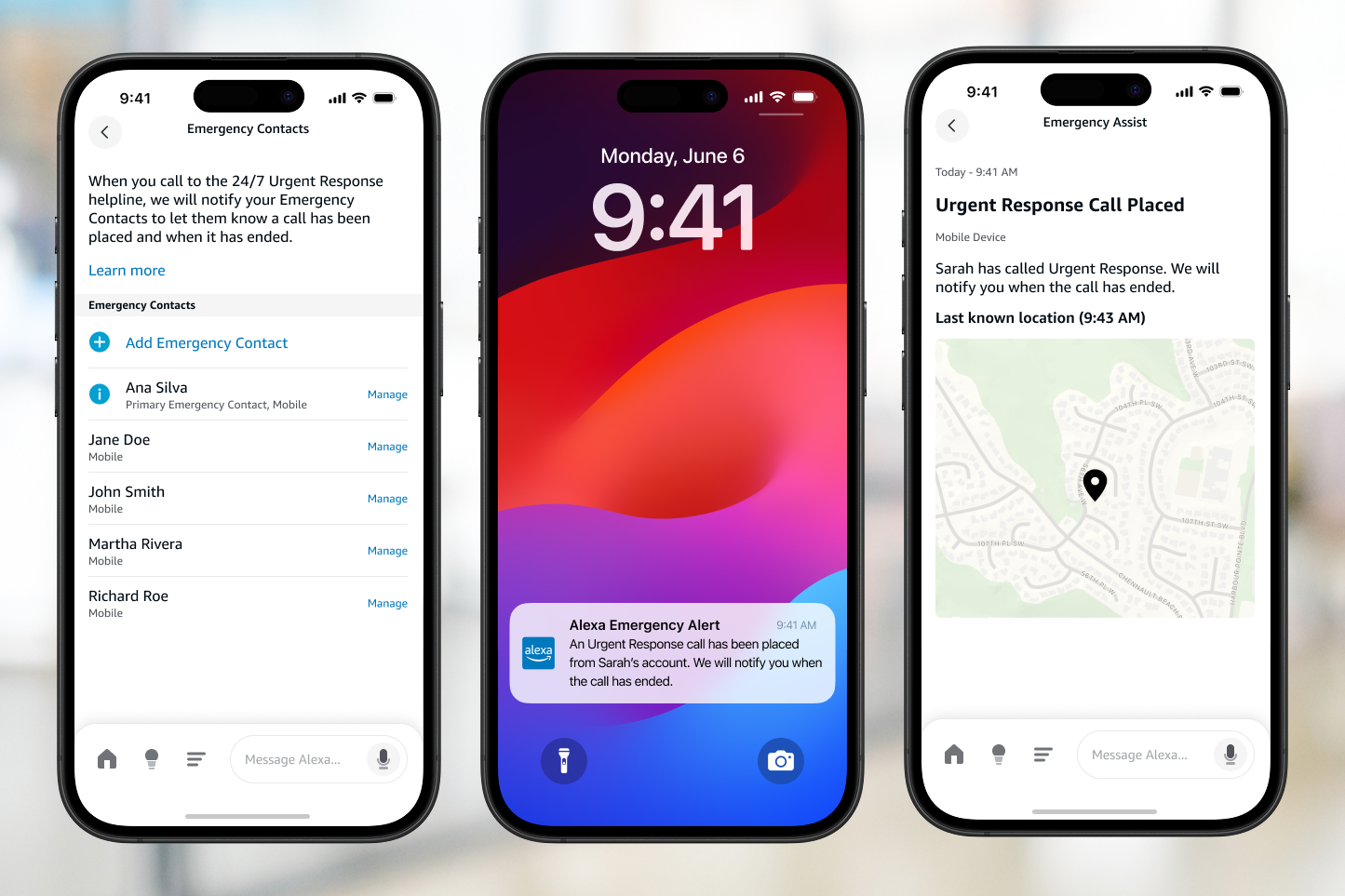 Three phones show three different interfaces, one of the list of emergency contacts, one of a notification on a lock screen, and one an interface showing someone has called Urgent Response