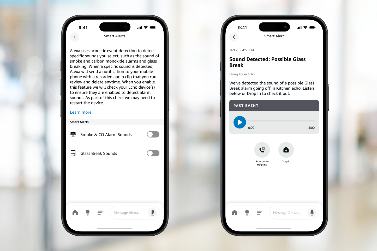 Two phones show how a customer controls their Smart Alerts for Emergency Assist