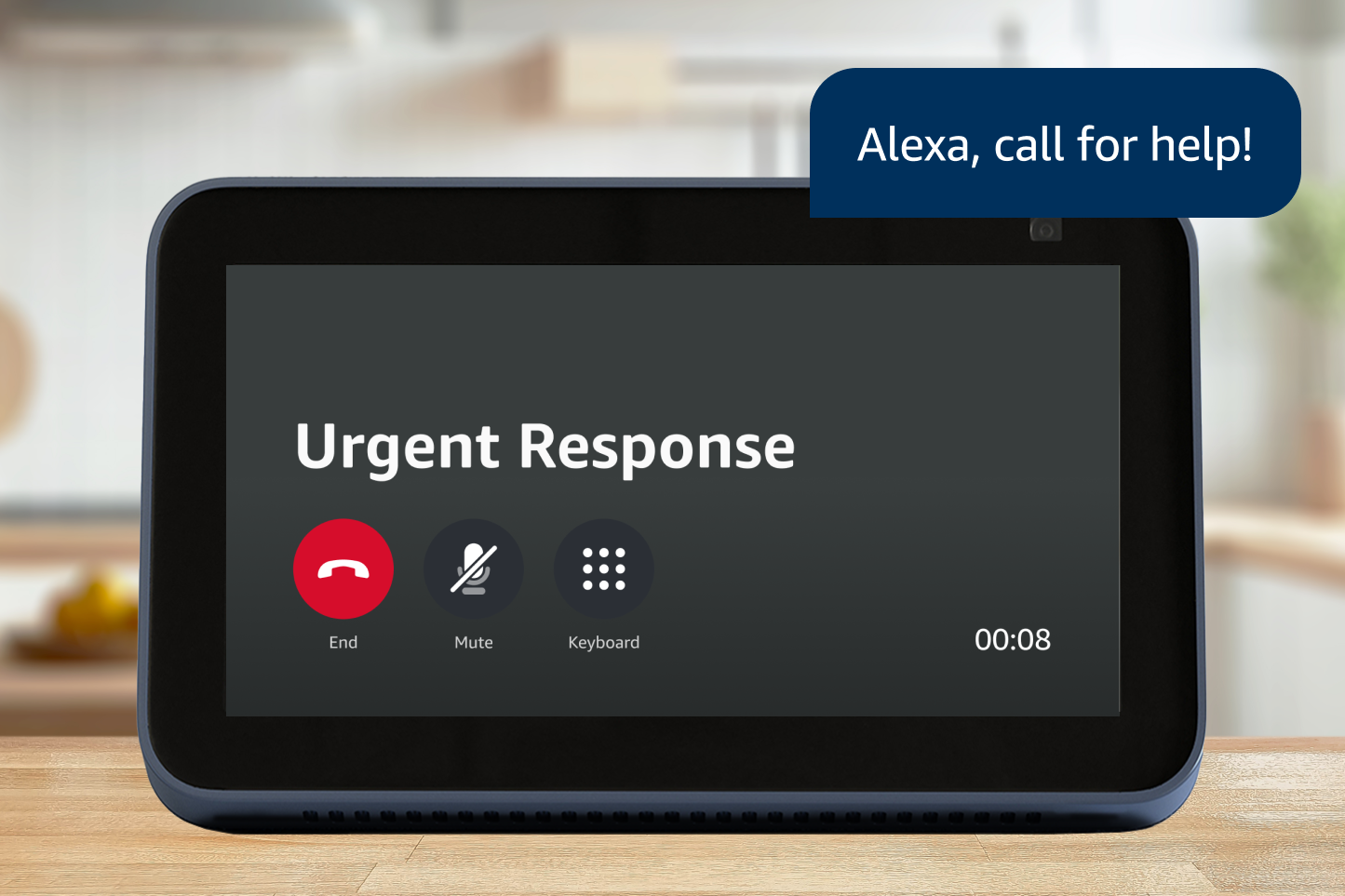 A speech bubble that says "Alexa, call for help" floats over a device showing a call to Urgent Response