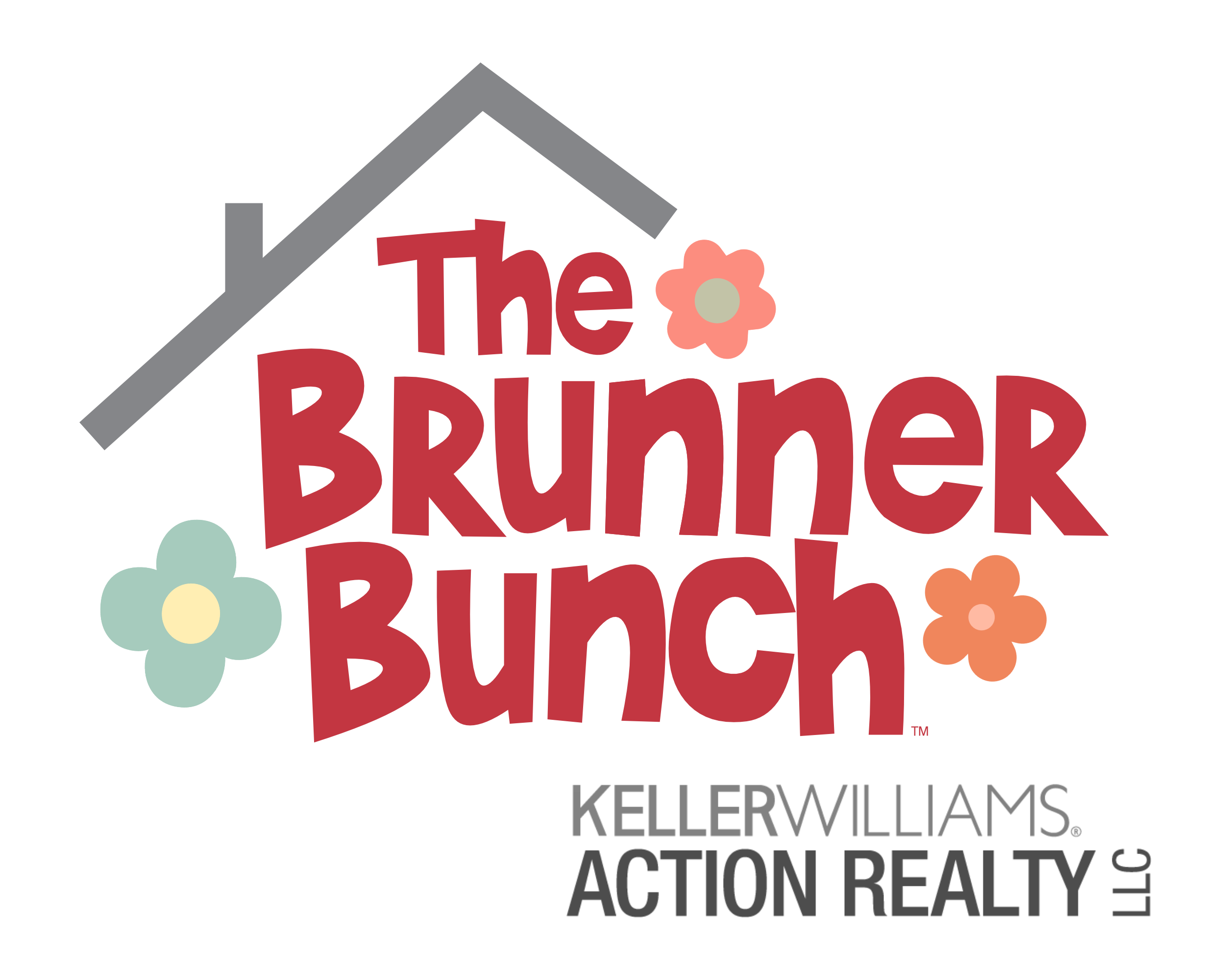 Logo for The Brunner Bunch, Keller Williams Action Realty, with a house roof graphic and pastel-colored flowers in pink, yellow, and blue.