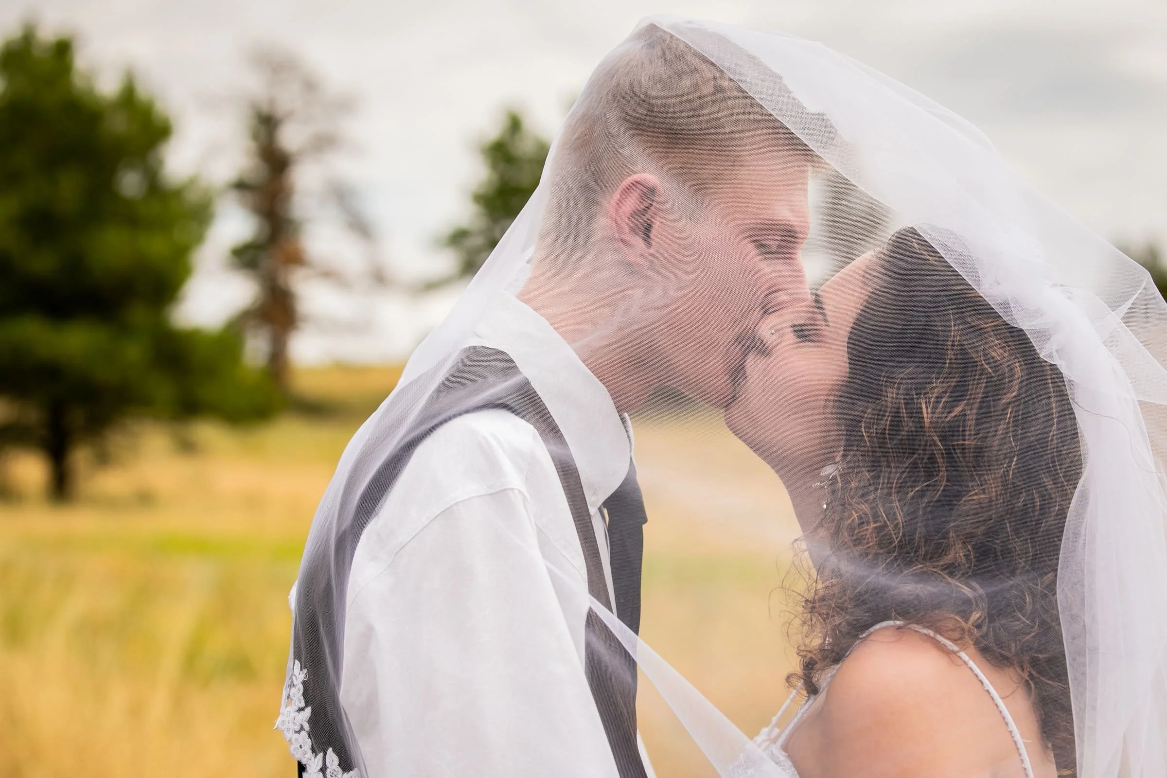 A bride and groom sharing a kiss outdoors, with the bride wearing a veil. They are standing in a grassy area with trees in the background.