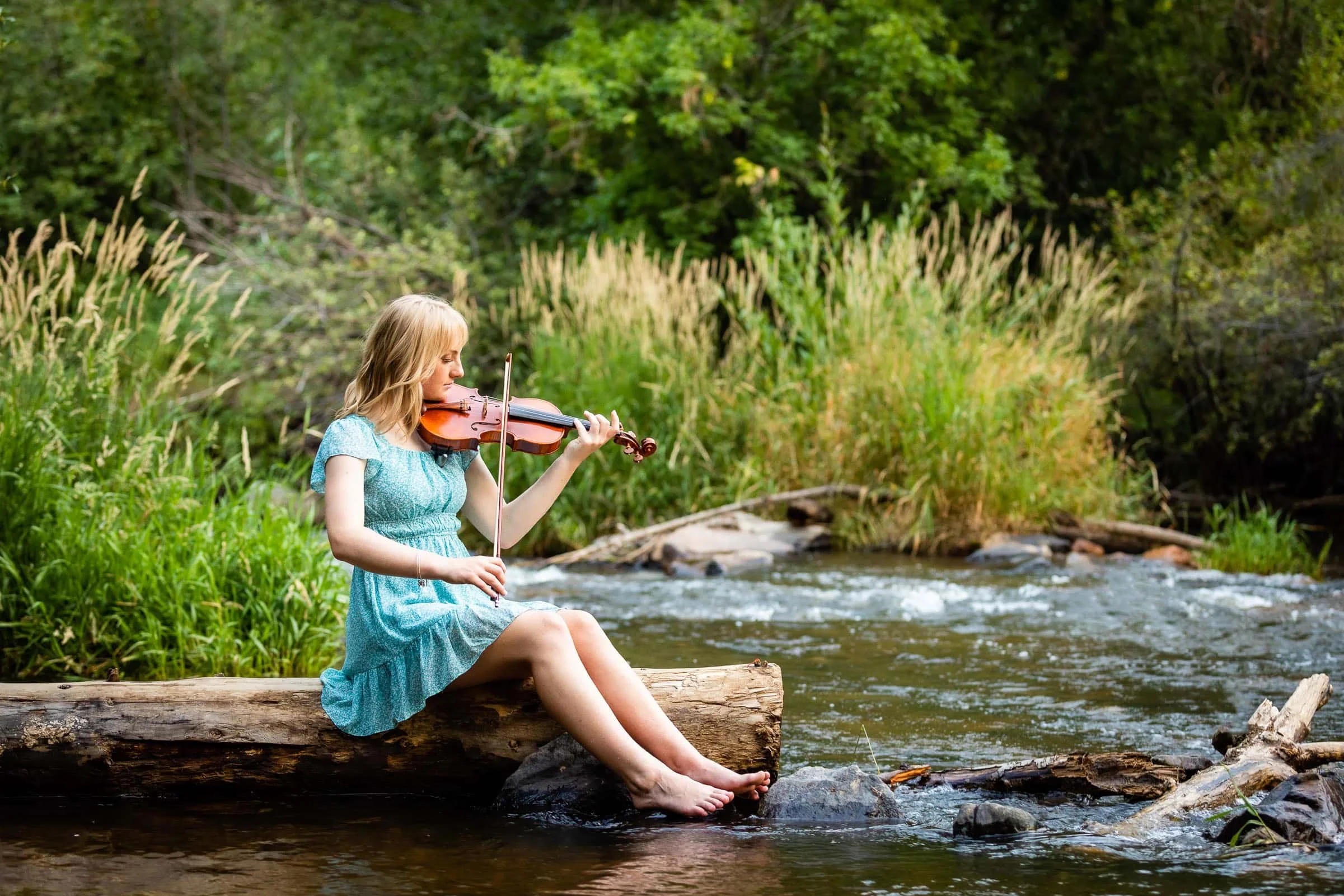 A young girl in a blue dress sitting on a log by a creek, playing the violin surrounded by lush green vegetation.