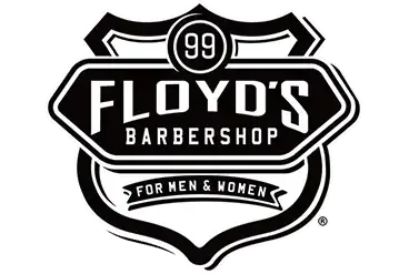 Floyd's Barbershop logo with a shield and road sign design, stating it is for men and women.