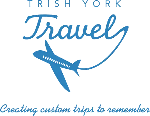 Logo for Trish York Travel with airplane and tagline 'Creating custom trips to remember'