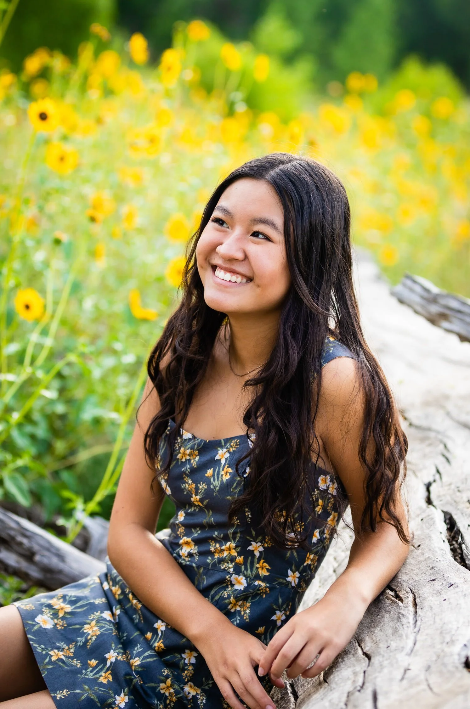 A young girl with long dark hair smiling and sitting on a large log in a field of yellow flowers.