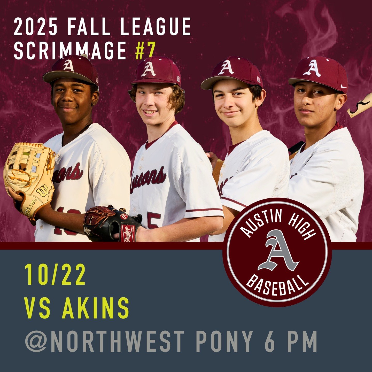 Wednesday Fall Ball Scrimmage this week against Akins again. Come out to Northwest Pony Fields to support the guys. Next week is last scrimmage of fall ball.