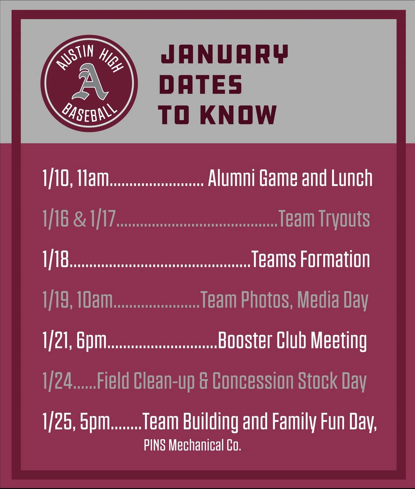 Happy New Year! January has lots of Baseball program events to be aware of as the season kicks off. Join us this weekend for the Alumni Game and lunch! #loyalforever #cantwait