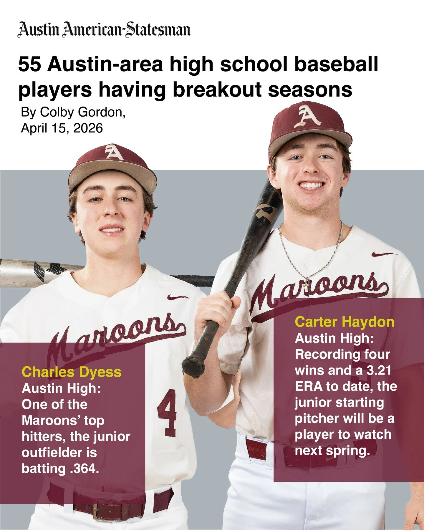 Congrats to our Varsity Maroons, Charles Dyess and Carter Haydon, for making the Austin American-Statesman List of players having breakout season. Congrats Boys! Keep up the hard work. #loyalforever #gomaroons @carter.haydon @charlesdyess1