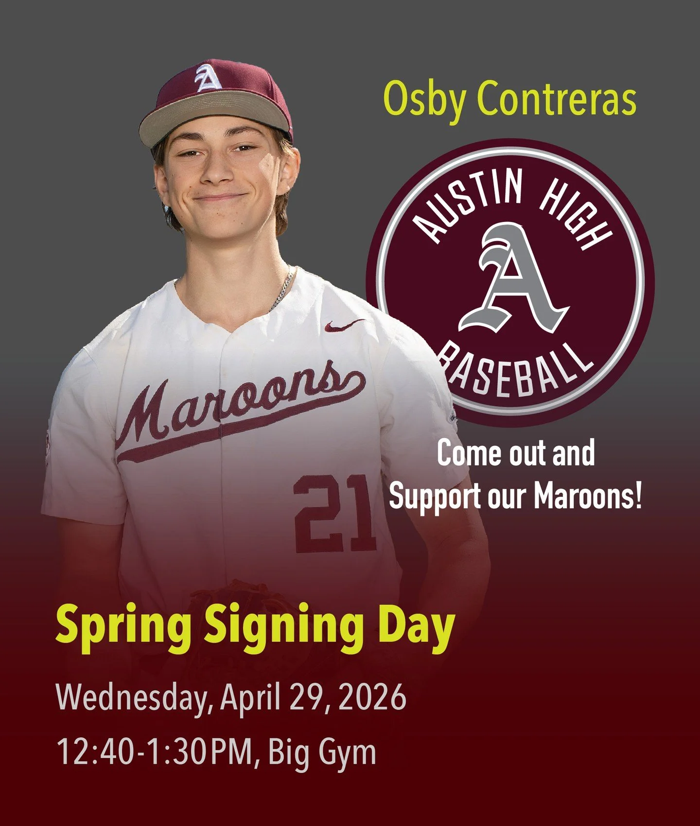 Come out and celebrate the Austin High Spring Signing Day 2026. Support all of these student-athletes, and our own Osby Contreras, who will continue to play Baseball at Southwestern University. #loyalforever #gomaroons #committed