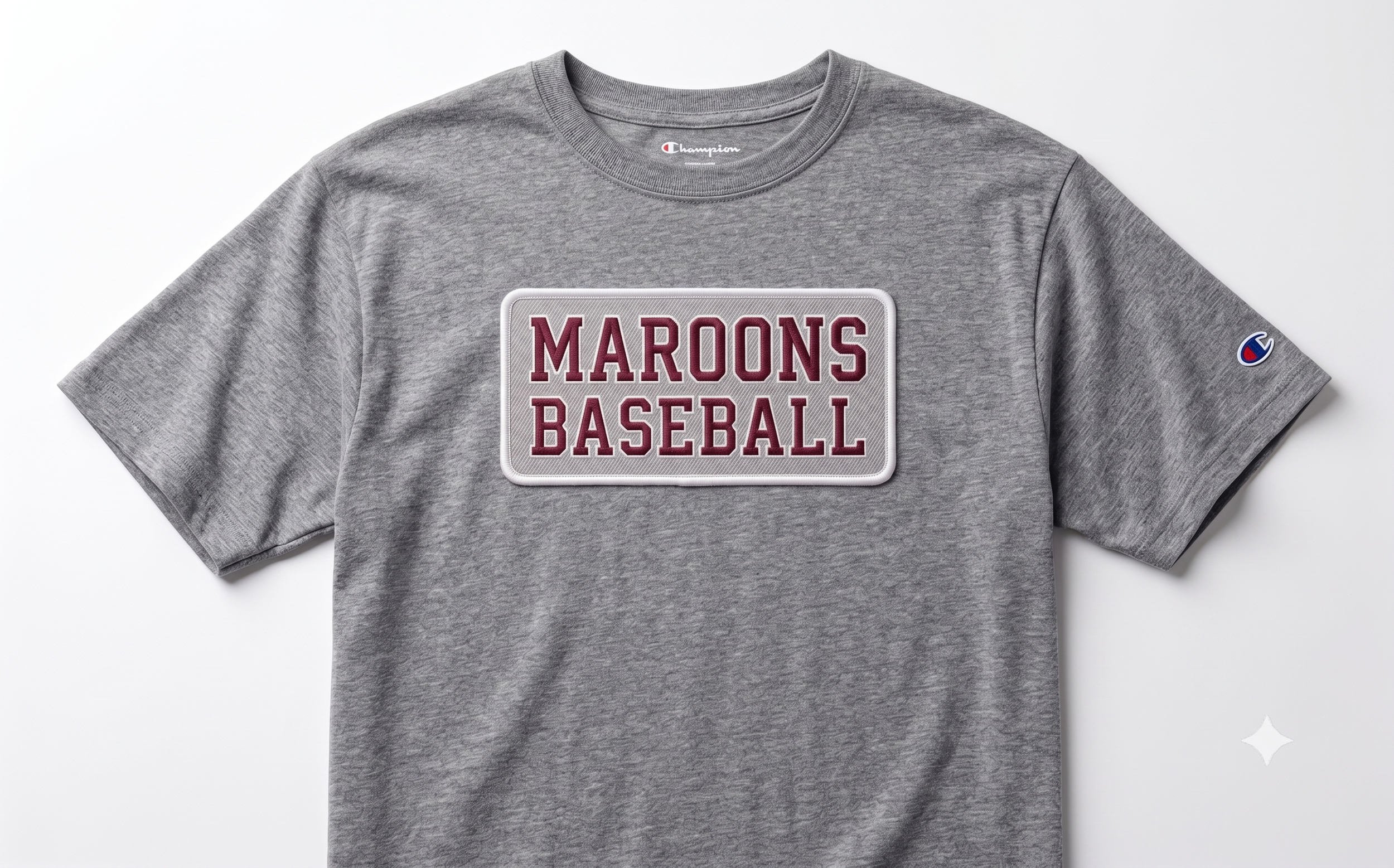 Maroons Baseball patch tshirt grey.png
