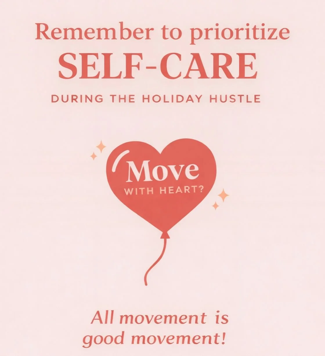 🚨 🚨 We know this is a stressful, and often difficult time of year, for so many! 

Reminder to take care of YOU during the holiday hustle! All movement is good movement! If your miles or harder-core workouts just aren't happening - it's OK! Focus on