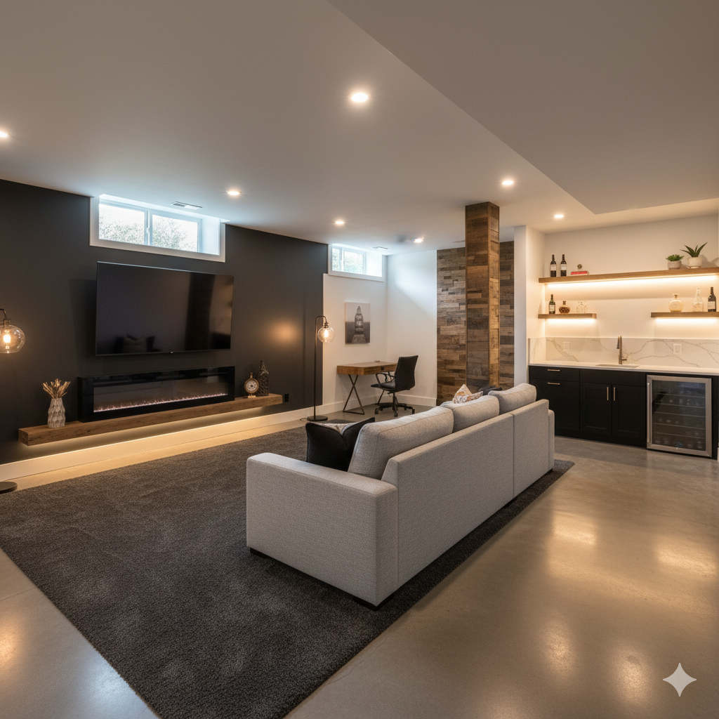 Modern living room with gray walls, a mounted flat-screen TV, an electric fireplace, a white couch, a black desk with an office chair, and a small kitchenette with illuminated shelves and decorative items.