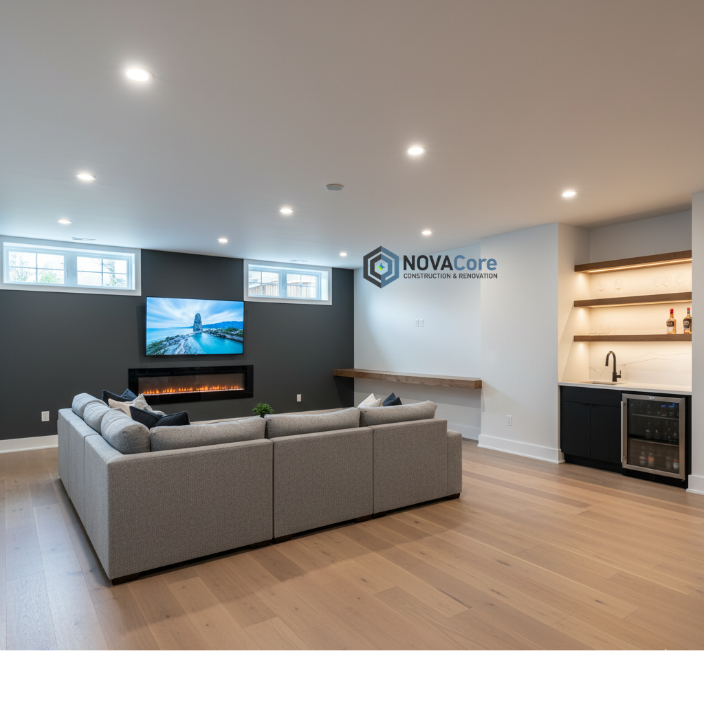 Modern living room with a beige sectional sofa facing a wall-mounted flat-screen TV, fireplace, and windows. There is a small bar area with shelves on the right and a countertop with a sink and mini fridge, with a logo "NOVACore Construction & Renovation" on the wall.