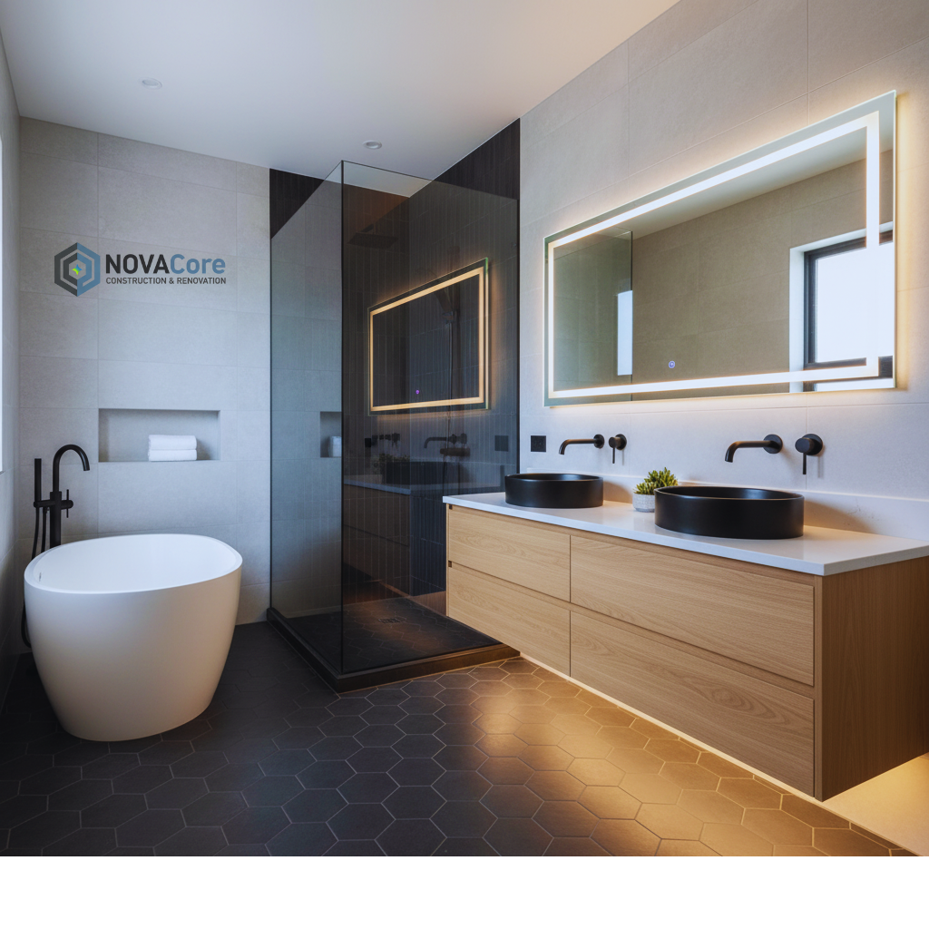 Modern bathroom with a floating wooden vanity, two black vessel sinks with wall-mounted black faucets, a large illuminated mirror, black hexagonal floor tiles, a freestanding bathtub, and a walk-in shower with dark glass walls. There is a small window near the mirror and towel storage in a recessed shelf.
