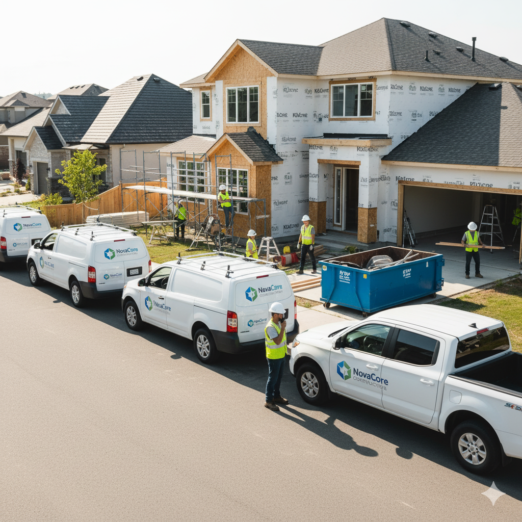 Construction crew working on a two-story residential house during daytime, with vehicles and equipment parked in front of the house.