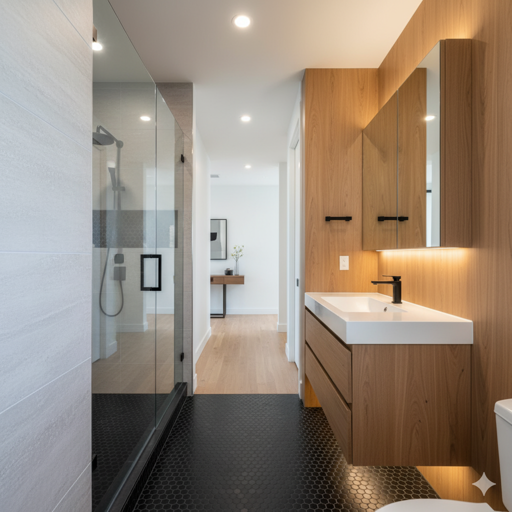 Modern bathroom with a walk-in shower with glass door, black hexagon tile floor, wooden vanity with white sink, mirror cabinets, and a hallway leading to a small table with a vase and plant.