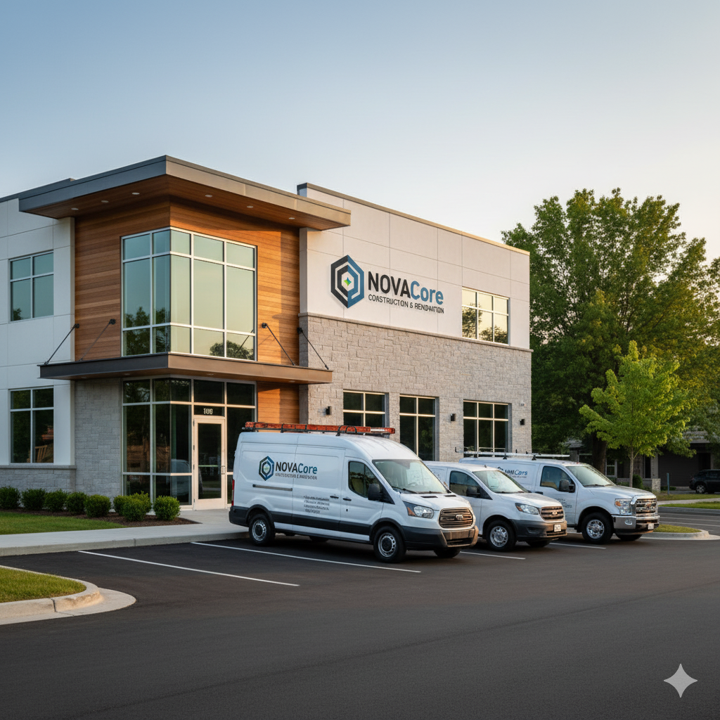 Exterior of a two-story commercial building with a sign that reads 'NOVA Core Construction & Renovation,' three white service vans parked in front, and trees in the background.