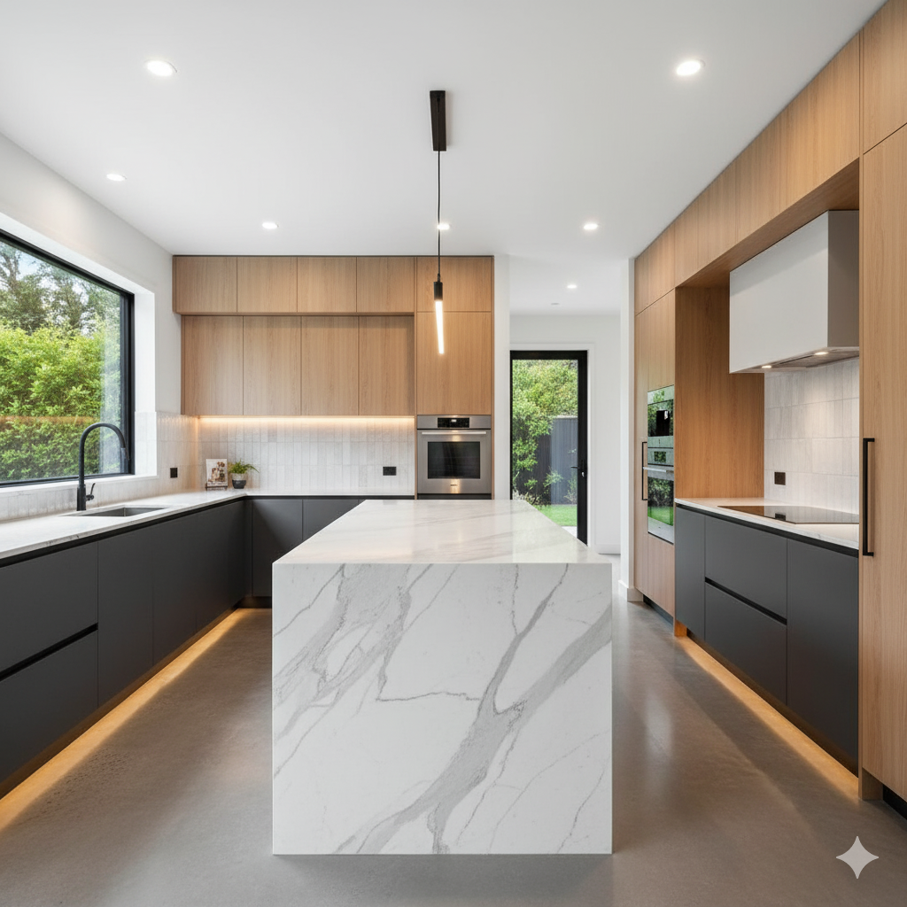 Modern kitchen with black lower cabinets, light wood upper cabinets, white marble island, black faucet, large window, and built-in appliances.
