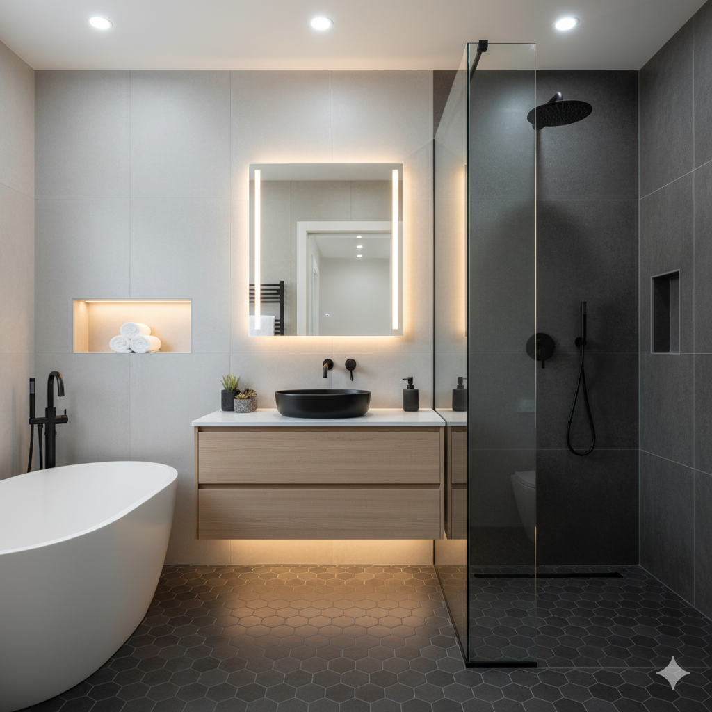 Modern bathroom with white freestanding bathtub, wooden vanity with black vessel sink, illuminated mirror, gray tiled walls, and a glass-enclosed walk-in shower with dark fixtures.