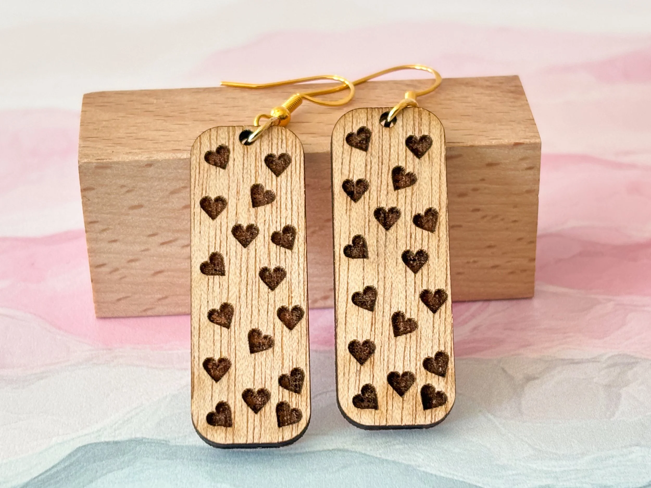 Light Mahogany Mini Laser Cut Wood Heart Earrings