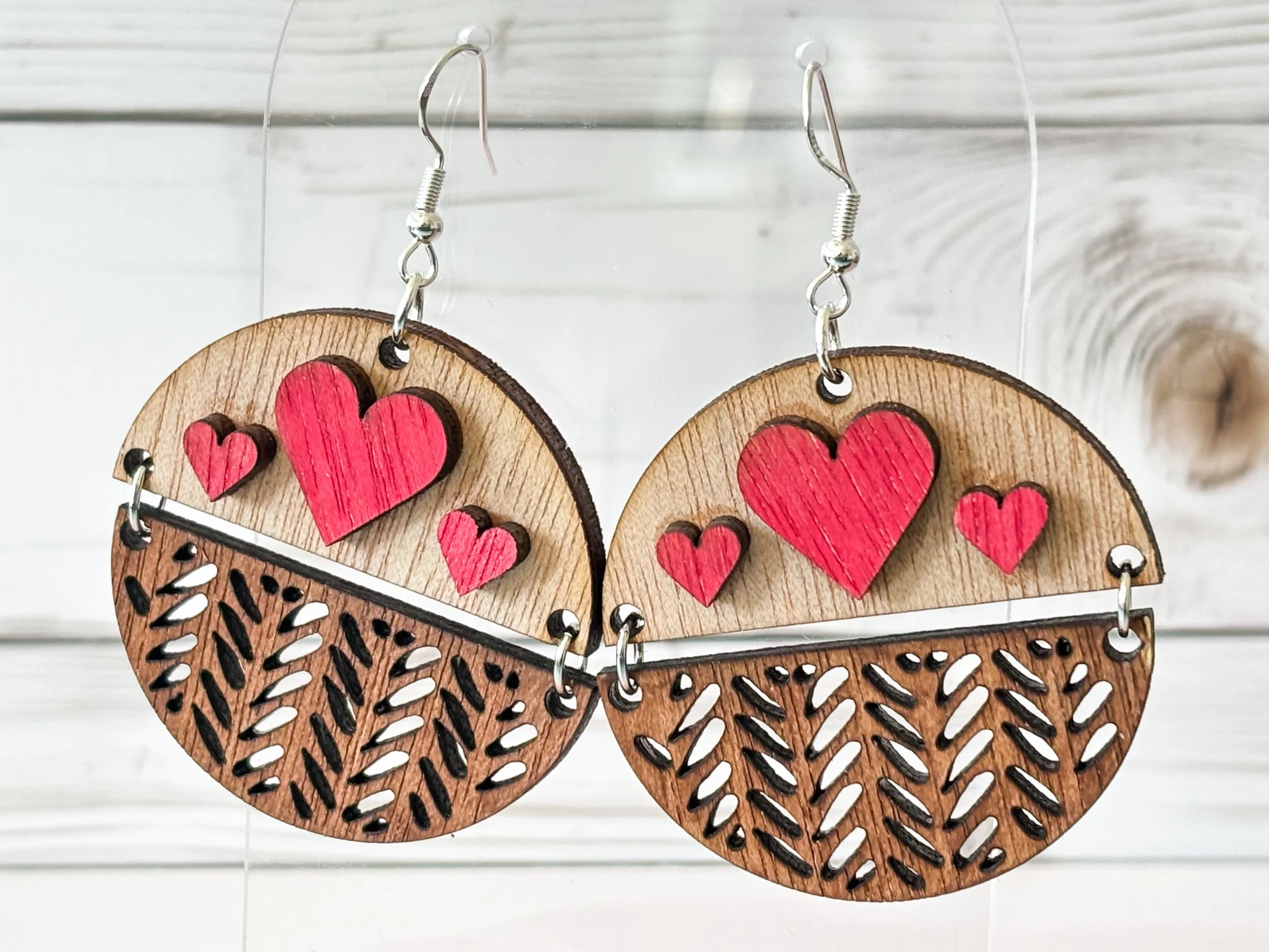 Handcrafted Mahogany Heart Earrings Red Hearts and Split Design