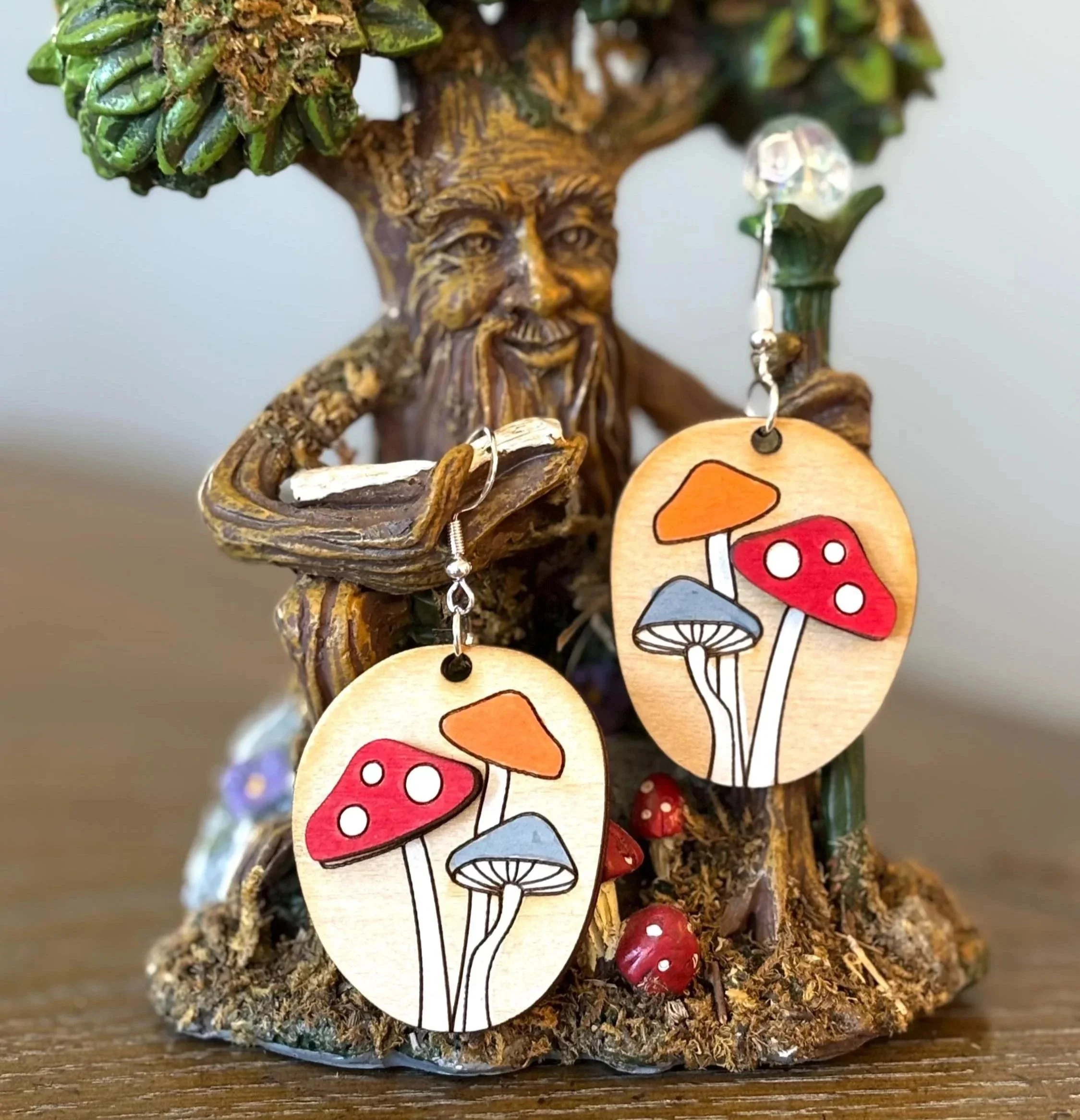 Handmade Laser Cut Mushroom Earrings: Lightweight Wood Jewelry