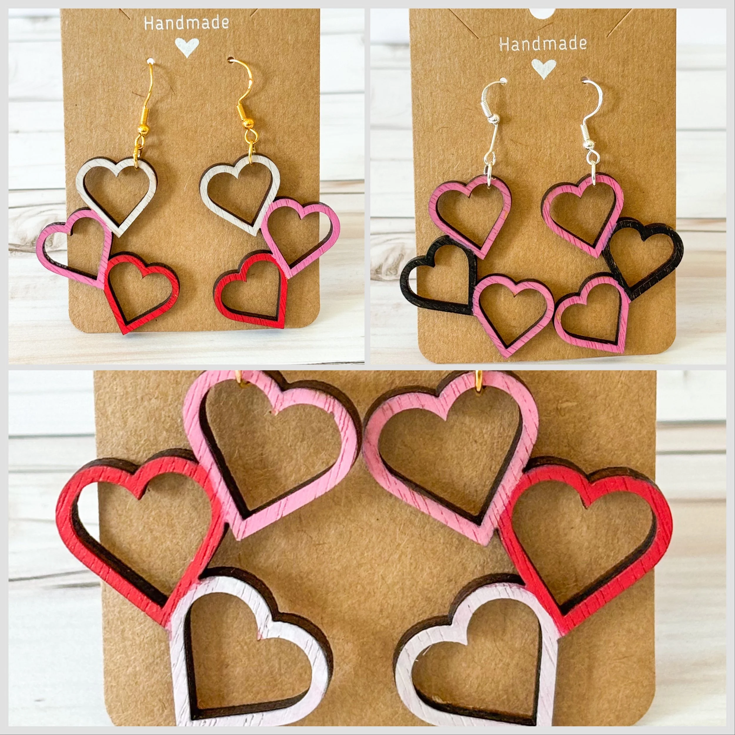 Whimsical Wood Triple-Heart Dangle Earrings Handcrafted from Mahogany