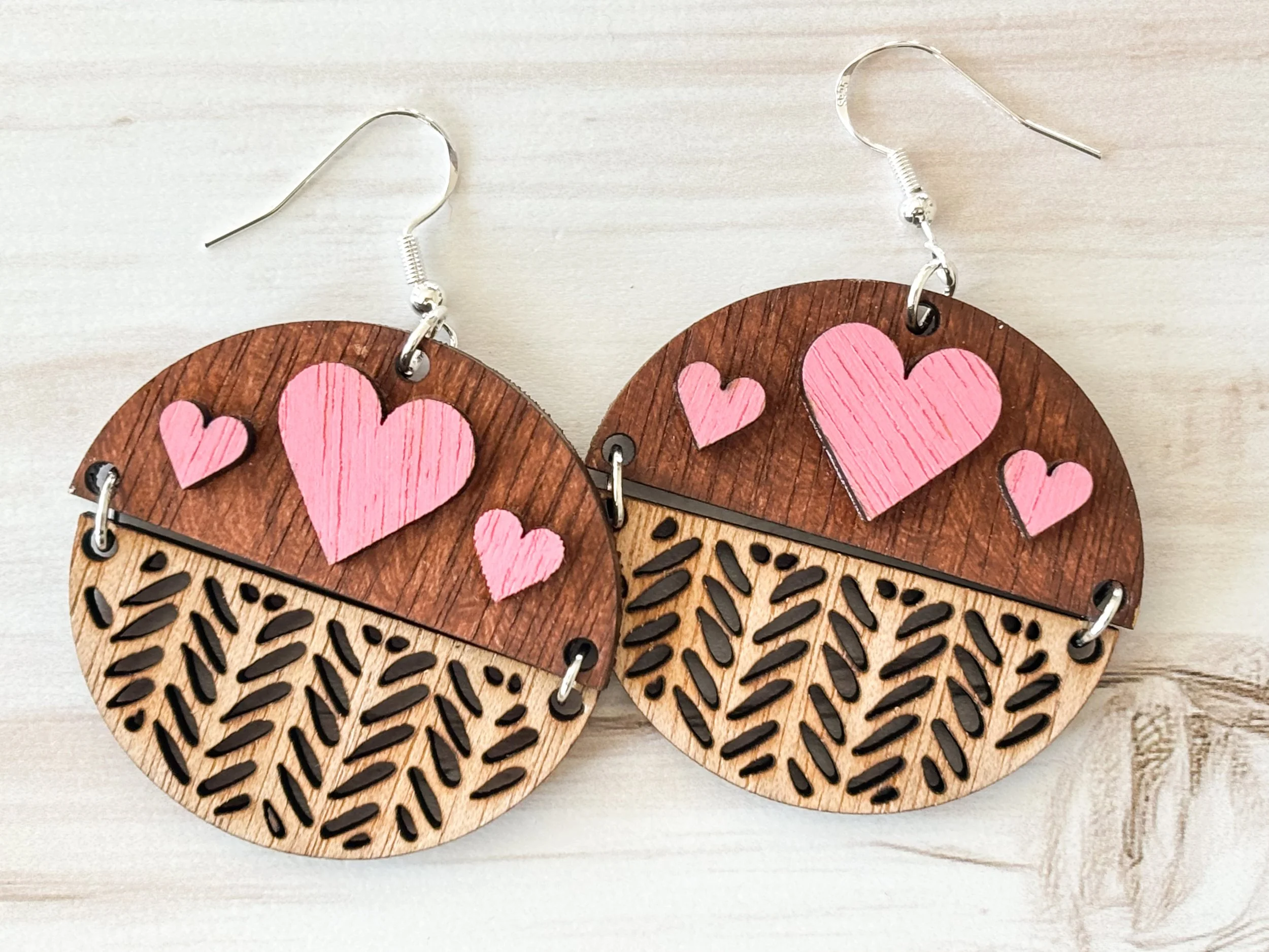 Handcrafted Mahogany Heart Earrings Pink Hearts and Split Design