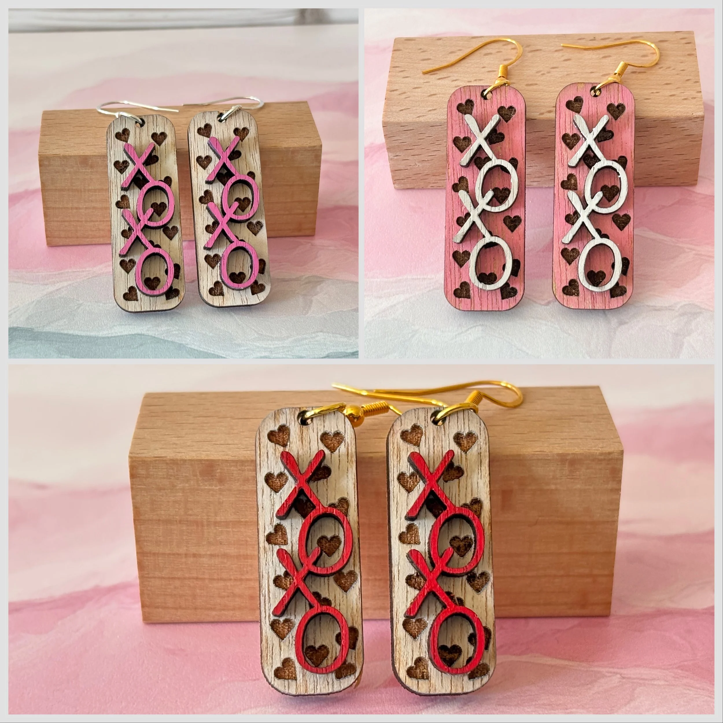 Mahogany XOXO Heart Earrings Pink White and Natural Wood Design with small hearts