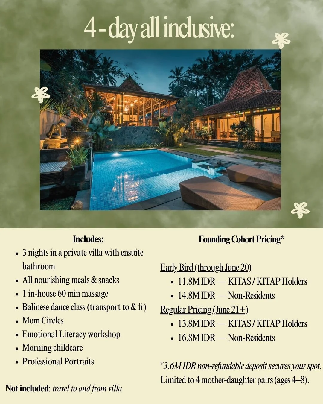 Flyer for a 4-day all inclusive package at a private villa, featuring a pool with surrounding lounge chairs, tropical plants, and a thatched-roof building, with details about inclusions and pricing.
