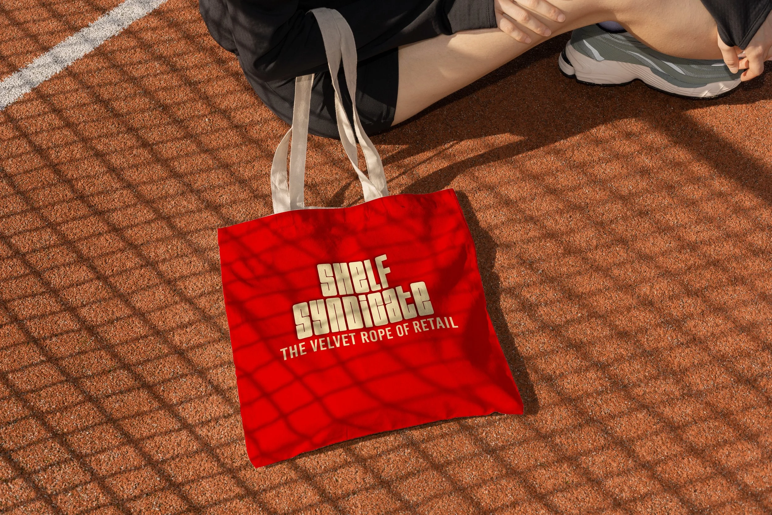 A red tote bag with the text "Shelf Syndicate, The Velvet Rope of Retail" in bold letters, lying on a reddish-brown textured surface, with a person sitting nearby.