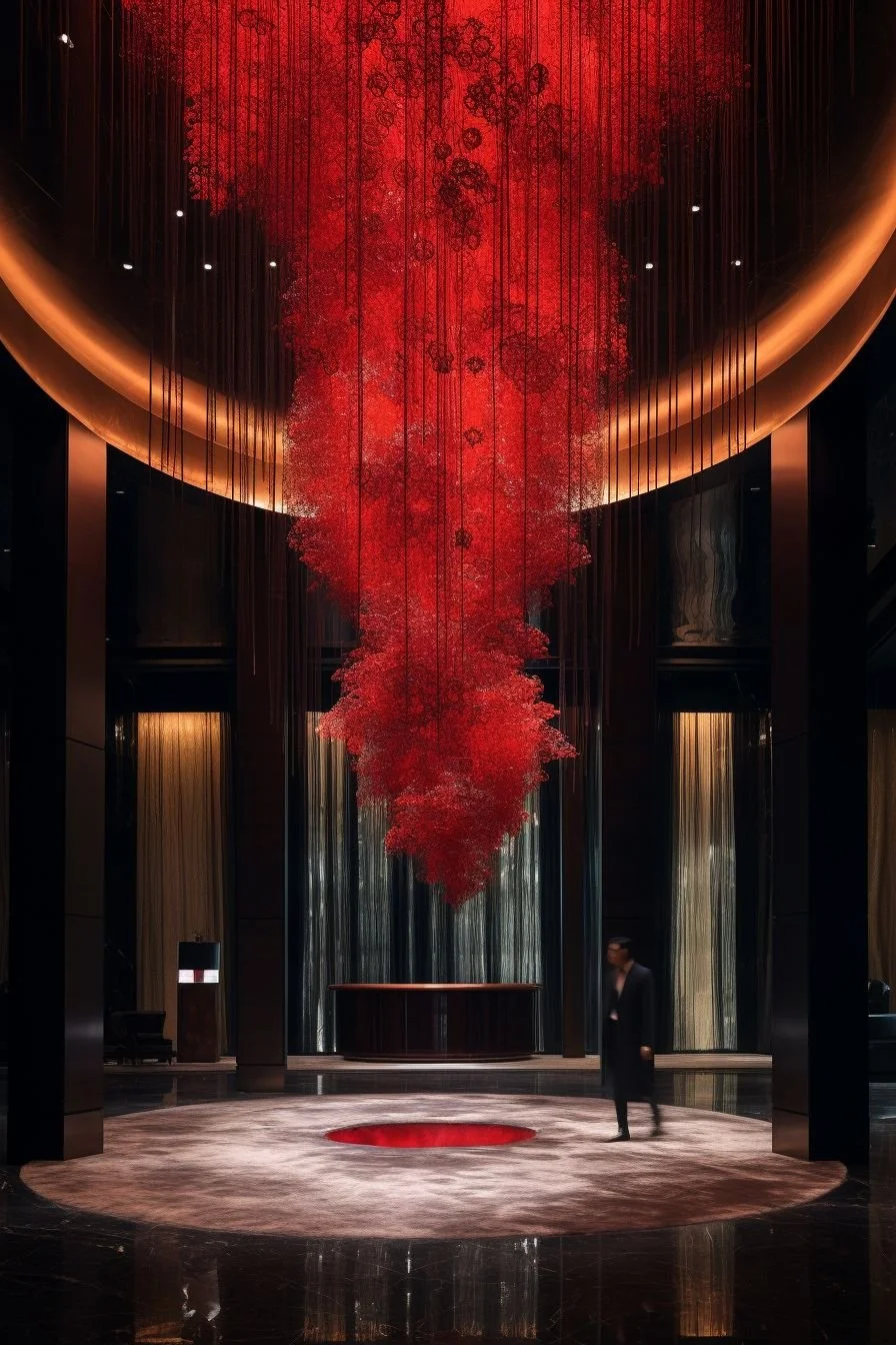 A luxurious hotel lobby with a dramatic red floral chandelier hanging from the ceiling, surrounded by dark walls and tall curtains, with a man in a suit walking across the shiny marble floor.