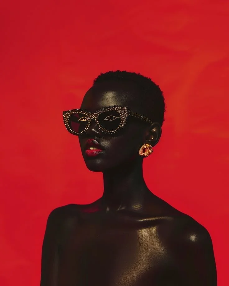 A woman with dark skin and a short hairstyle is wearing oversized sunglasses with decorative frames and red lipstick against a red background.