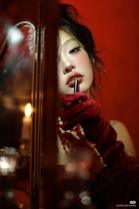 A woman with dark hair and makeup applying lipstick while holding a makeup brush, wearing a red glove and a red jewelry, in front of a reflective surface with a red background.