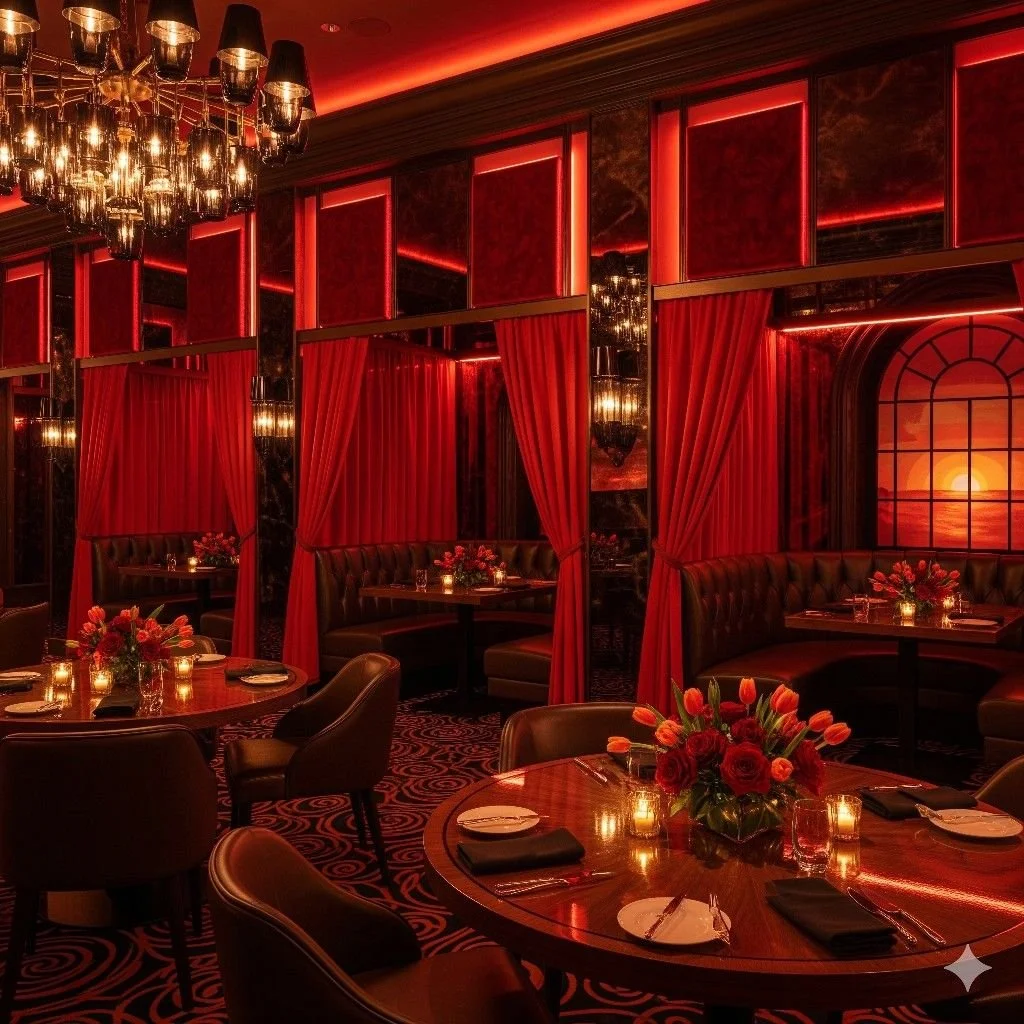 Elegant restaurant interior decorated with red curtains, plush booth seating, warm lighting, and floral centerpieces on tables. A view of a sunset through a window adds to the ambiance.
