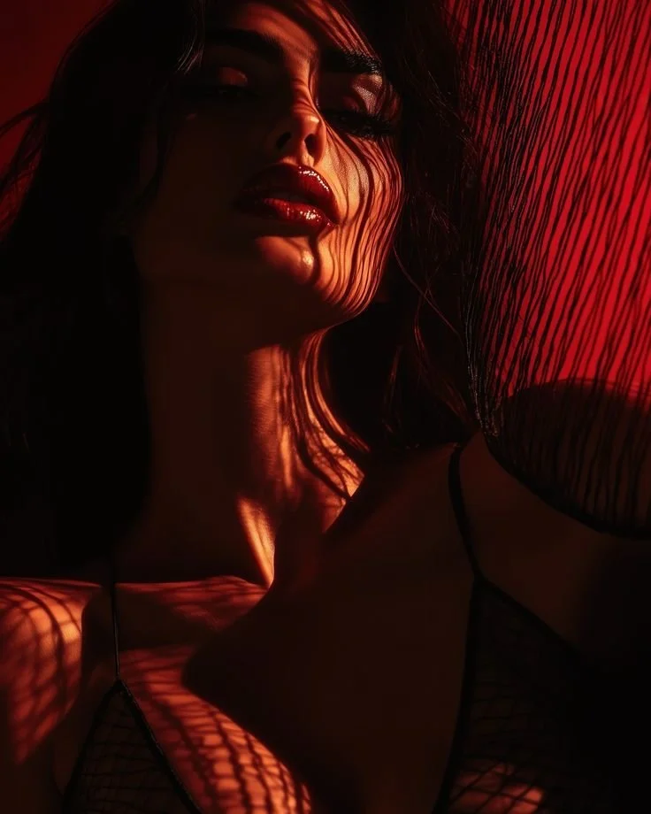 A woman with dark hair and red lipstick poses against a red background, with shadows cast across her face and body, creating a dramatic effect.