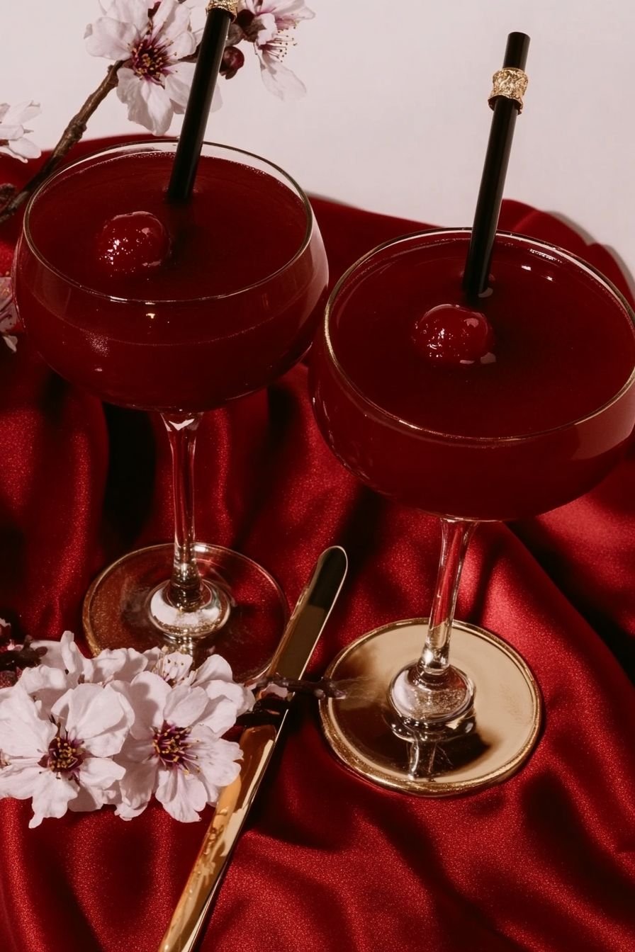 Two glasses of cherry red cocktails garnished with cherries, placed on a red satin cloth, with pink cherry blossom flowers nearby.