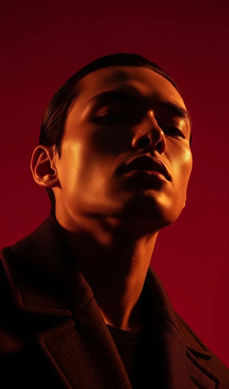 Close-up portrait of a confident man with slicked-back hair, illuminated by dramatic lighting, against a maroon background.
